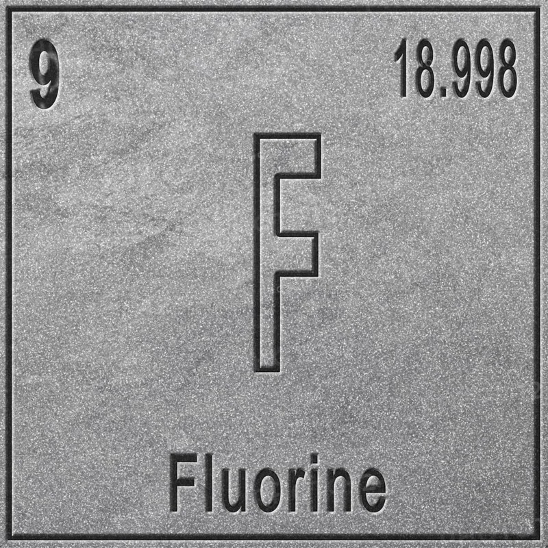 Fluorine chemical element, Sign with atomic number and atomic weight, Periodic Table Element, silver background
