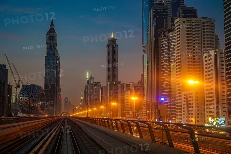 Dubai sunrise landscape (from the United Arab Emirates Dubai Metro). Shooting Location: Dubai