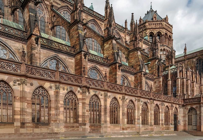 Strasbourg Cathedral also known as Strasbourg Minster, is a Gothic Roman Catholic cathedral in Strasbourg, Alsace, France. View from the south