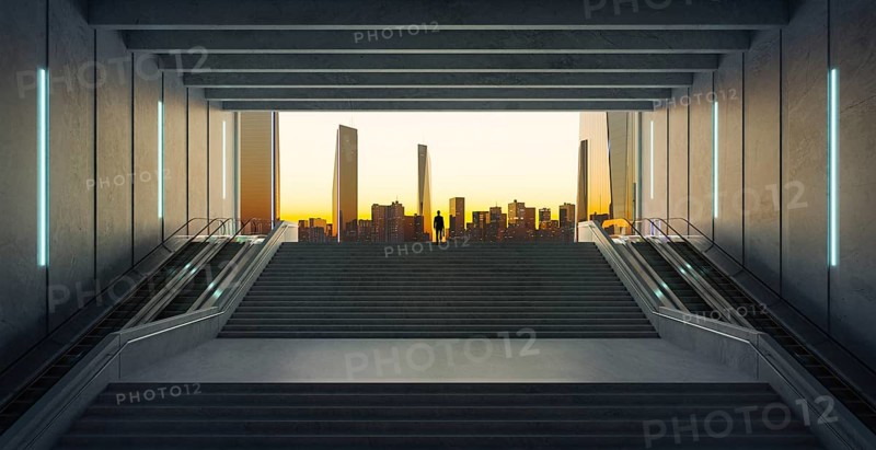 Businessman climbing stairs from underground upward to modern urban city. Ambitions concept. 3d rendering