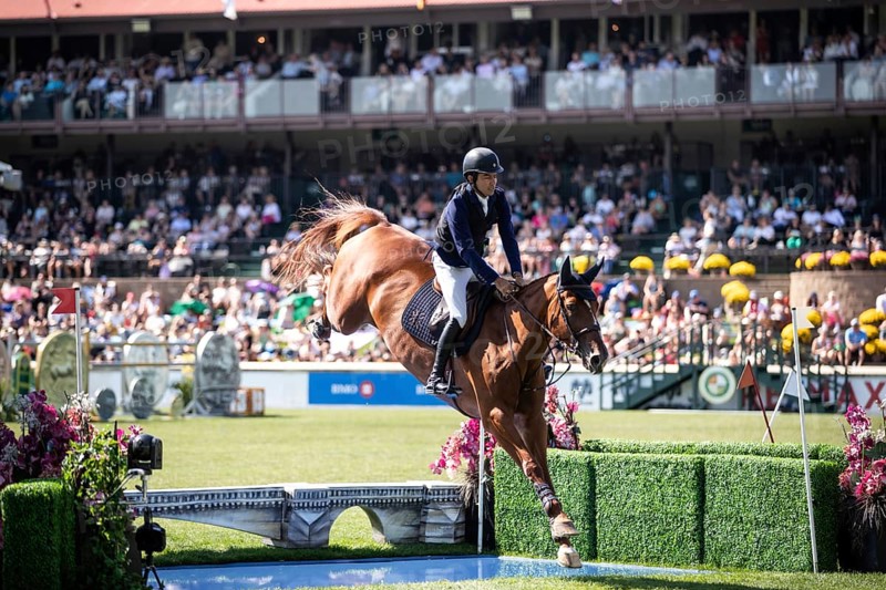 Juan Manuel Gallego of Columbia and riding Fee Des Sequoias Z compete in the first round of the 1.60m CPKC International during the Spruce Meadows Masters, presented by Rolex, in Calgary, Alberta, Canada, North America