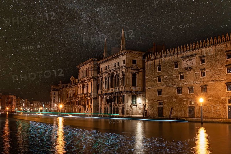 View on Canal Grande at Night, Boats passing by, Venice, Italy