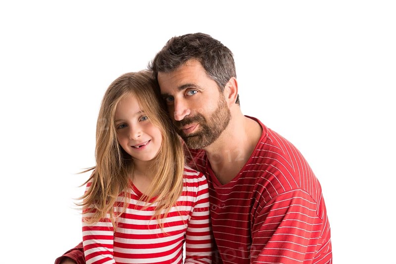 Happy family beard father and blond kid daughter blue eyes on white background