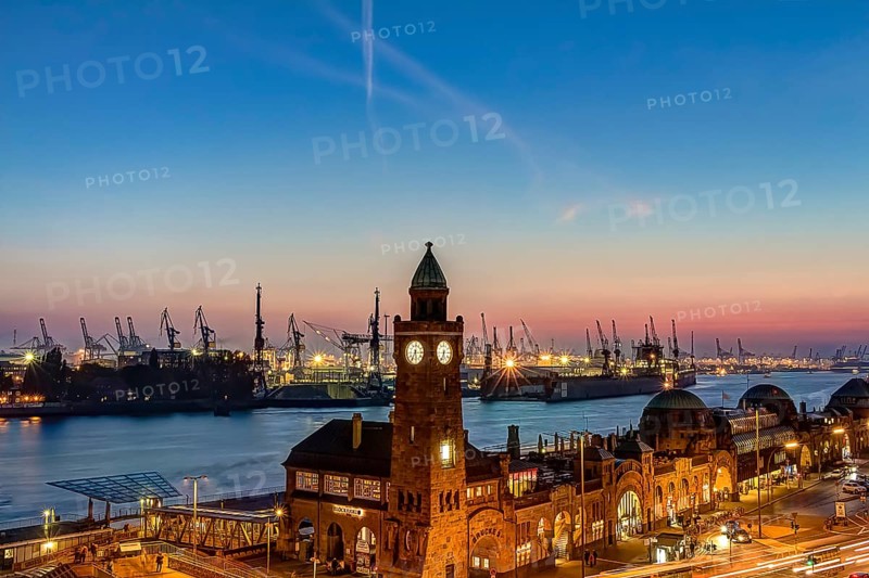 St. Pauli Piers and port of Hamburg during twilight hour