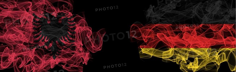 Flags of Albania and Germany on Black background, Albania vs Germany Smoke Flags