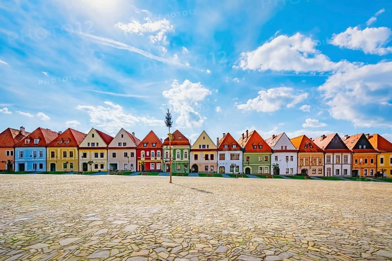 Row of houses on the town hall square in Bardejov, Slovakia Bardejov, Slovakia