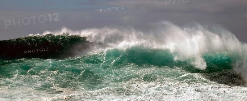 High wave piles up metres high in front of rolling over. Landscape format. High wave towers metres high in front of overturning. Horizontal format
