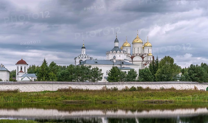 Panoramic view of Trinity Boldin Monastery from lake, Russia