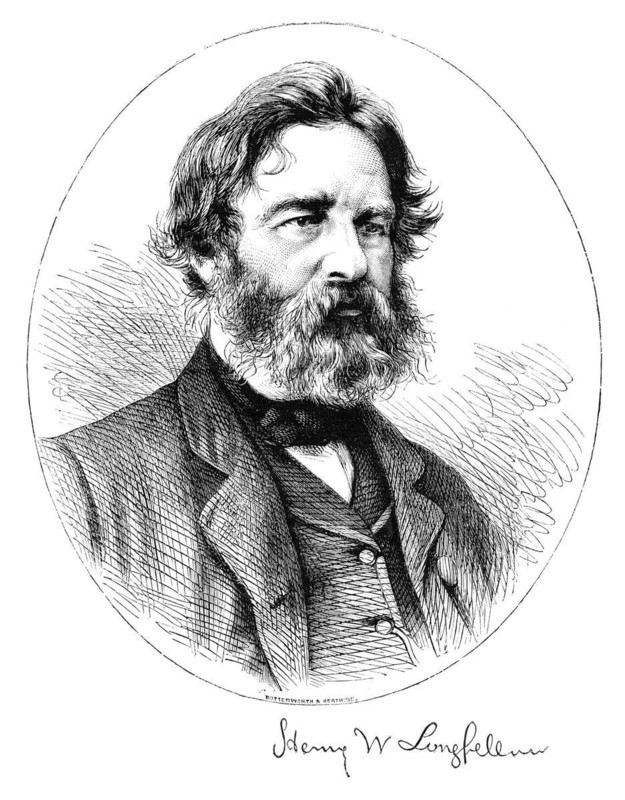 Henry Wadsworth Longfellow (1807-1882) was an American poet and educator whose works include Paul Reveres Ride, The Song of Hiawatha, and Evangeline. He was also the first American to translate Dante Alighieris The Divine Comedy and was one of the five Fireside Poets. Engraving from an english magazine printed in 1864