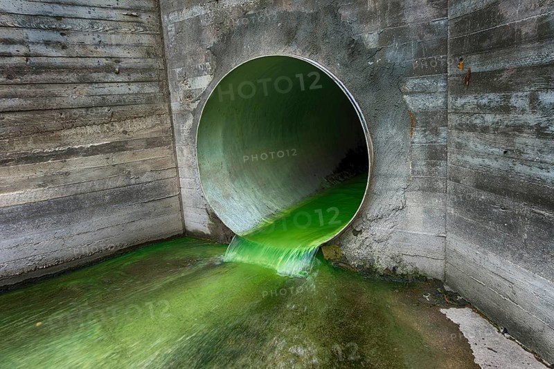 Bright green polluted effluent flowing through a drainage pipe exiting through a concrete wall in an environmental and ecological concept