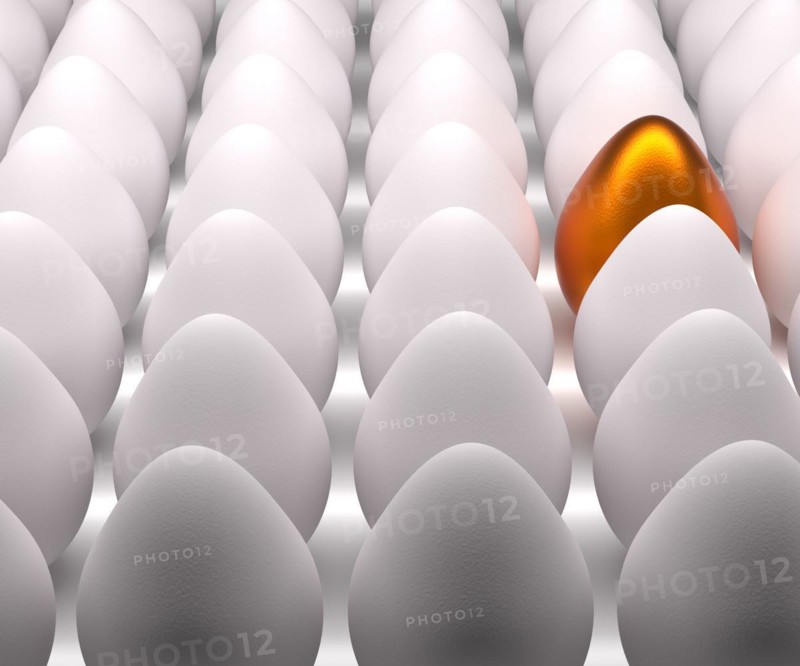 One golden Easter egg with many natural white eggs on a studio background, 3d rendering