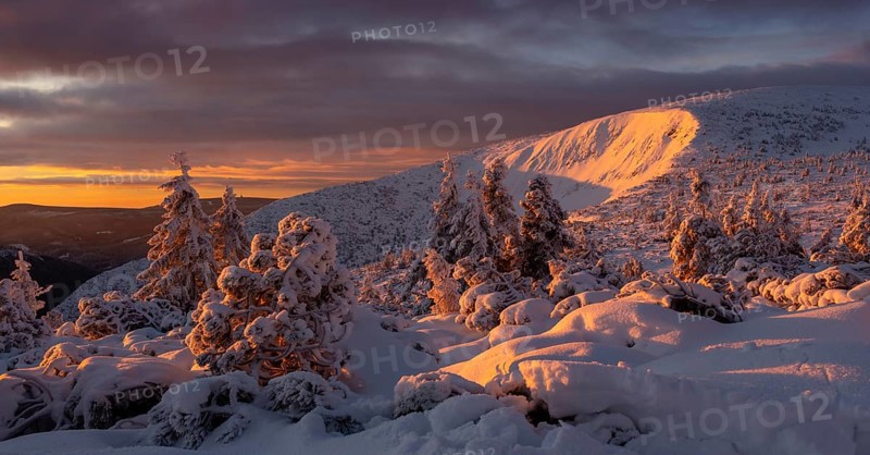 Sunrise in winter in the Karkonosze Mountains. Karkonosze National Park, Poland
