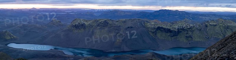 Cloudy mood and evening light, view from Mount Sveinstindur, volcanic landscape, Lake Langisjór, mountains, panoramic shot, Icelandic highlands, Iceland