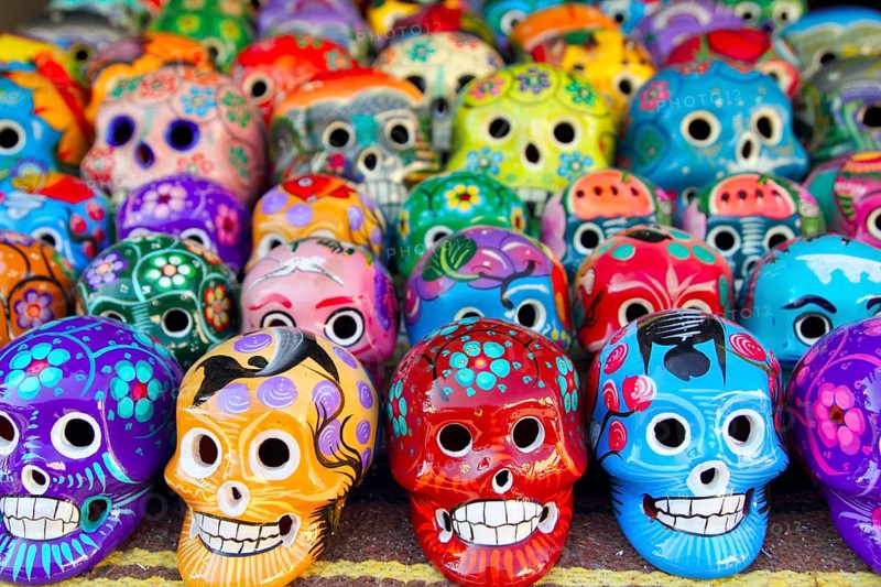 Aztec skulls Mexican Day of the Dead colorful handcrafts