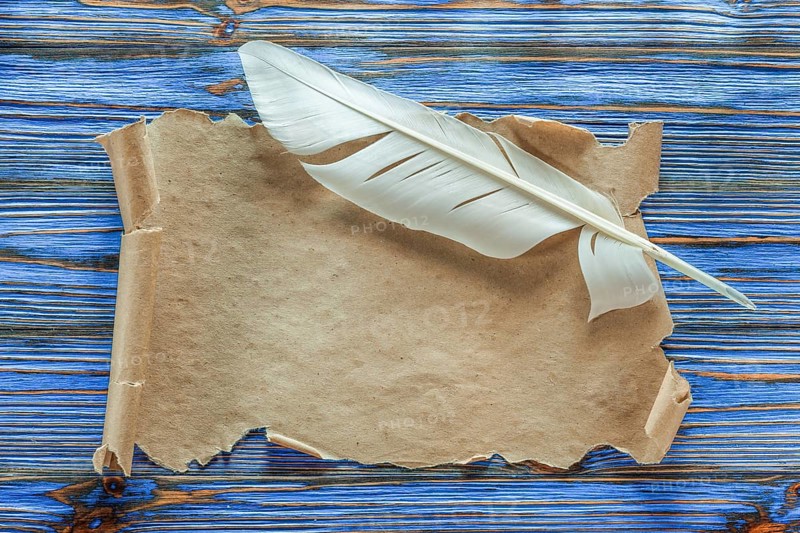 Vintage paper scroll plume on blue wooden board