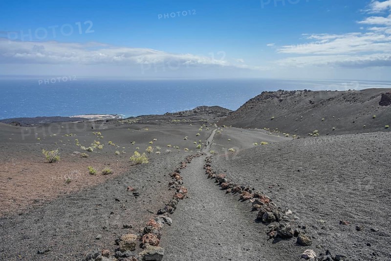 Hiking trail in the lava field at Volcan de Teneguia, Fuencaliente, La Palma, Spain
