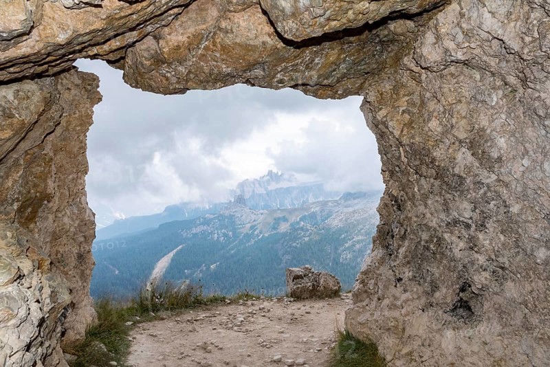 View out of a loophole of the Mount Lagazuoi tunnels, built during the First World War, the Dolomite Alps in South Tirol