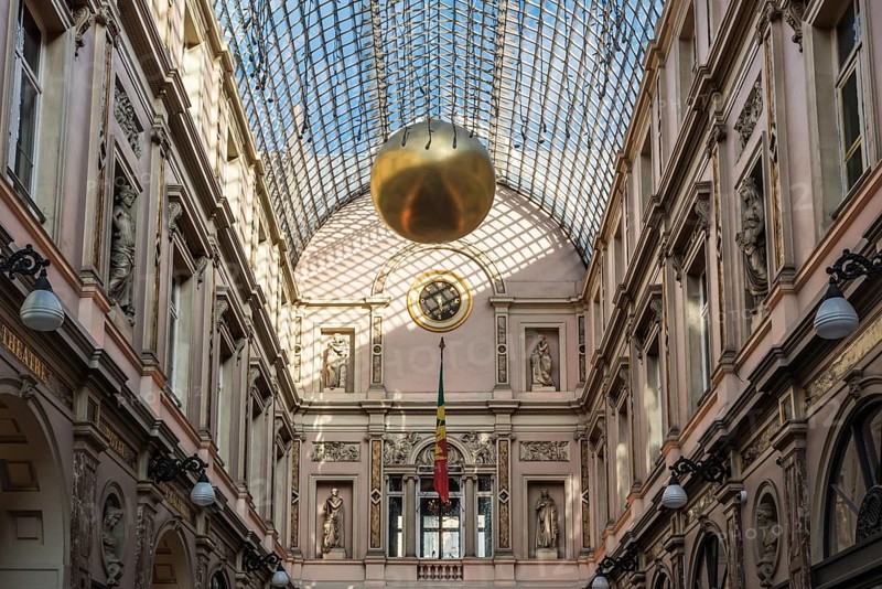 Brussels, Belgium, 12 18 2018: Glass roof and facades of the Saint Hubertus Gallery in Art Nouveau style with Christmas decoration