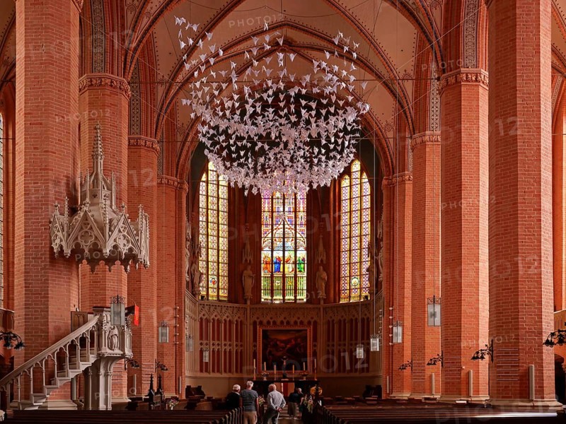 View of the altar in the church of St Bartholomäi Demmin. Mecklenburg-Western Pomerania, Germany