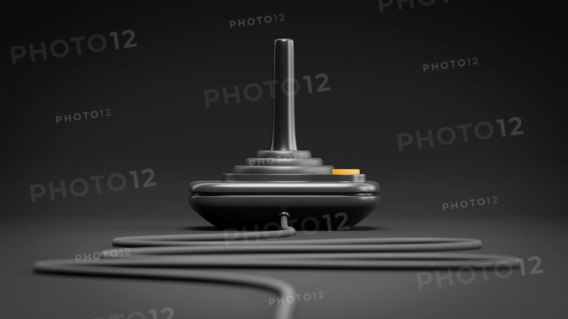 Black retro joystick with orange button. 3D illustration