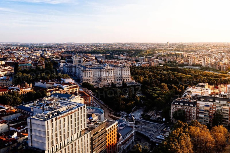 Madrid, Spain, August 24, 2020: Madrid city centre aerial panoramic view at sunset. Royal Palace