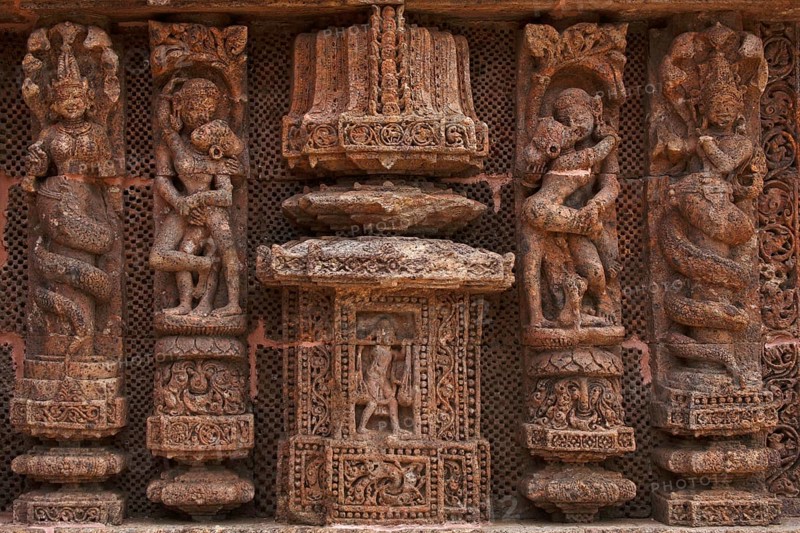 Erotic statues carved on wall of Konarak Sun temple, Orissa, India Unesco World Heritage site
