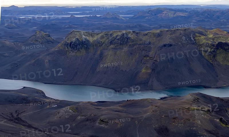 View from Mount Sveinstindur, volcanic landscape, Lake Langisjór with campsite, mountains, Icelandic highlands, Iceland