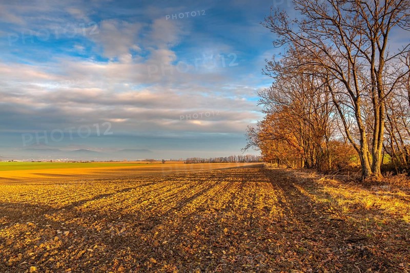 Autumn morning landscape over the city of Louny. Autumn plowed field at amazing sunrise. Czech Republic