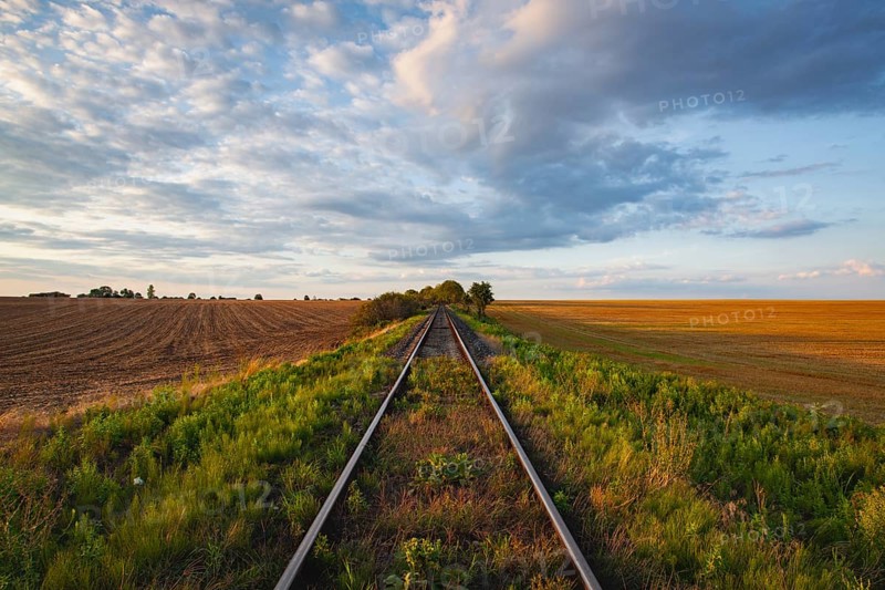 Old Railway tracks running through a field stretch to rural countryside at sunset. Single railway track at sunset, Czech Republic