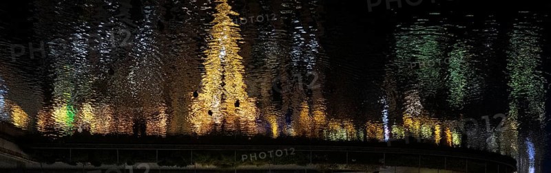 Reflection of a decorated Christmas tree in the water at Corneliusplatz on Königsallee in Düsseldorf, North Rhine-Westphalia, Germany, 29 November 2024