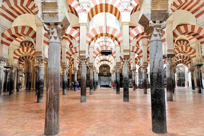 La Mezquita, Mosque, Cathedral of Cordoba, Cordoba, Andalusia, Spain, Europe, Open hall with columns and brick floor in an Islamic building