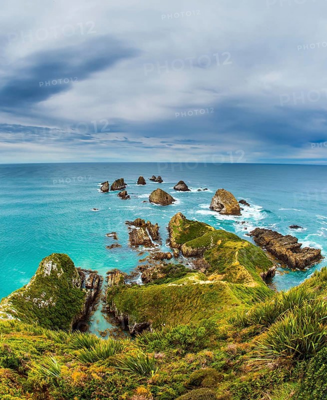 South Island, New Zealand. The picturesque coast of the Pacific Ocean near Nugget Points. Big stones - rocks along the shore in the ocean surf. The concept of active, environmental and photo tourism
