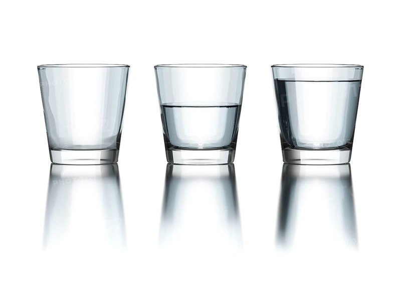 Tree water glasses empty half and full philosophy 3d illustration