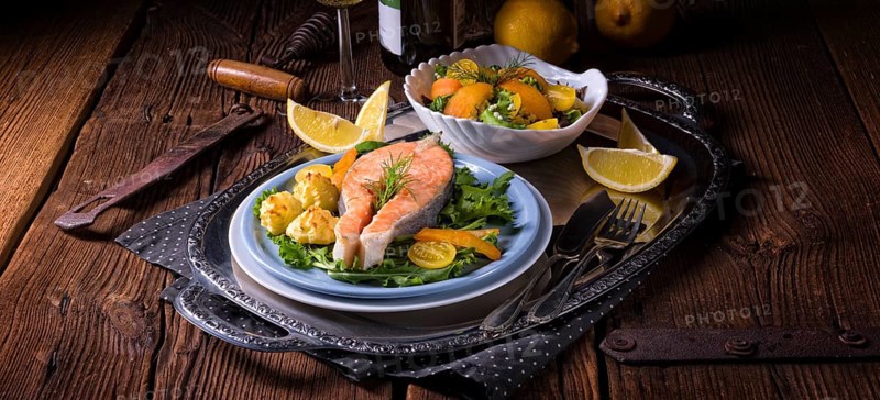 Salmon with butter fried potato puree and salad