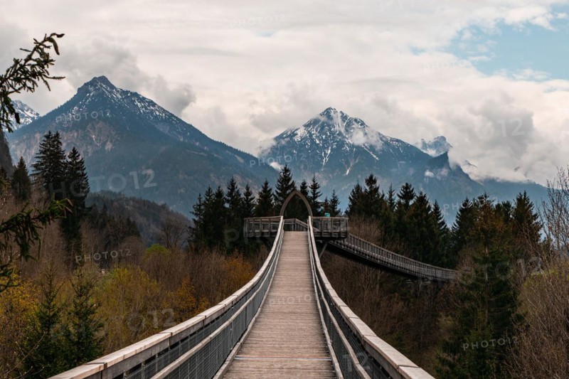 Treetop walk in Ziegelwies, a town near the border between Austria and Germany with views over the Tyrol mountains