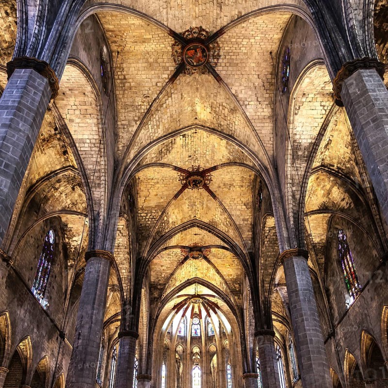 Interior of Santa Maria del Mar, the most beautiful gothic church in Barcelona