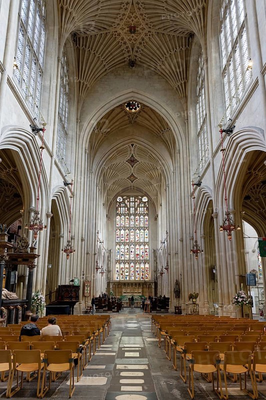 Interior view, stained glass window, Bath Abbey, Bath, England, Great Britain