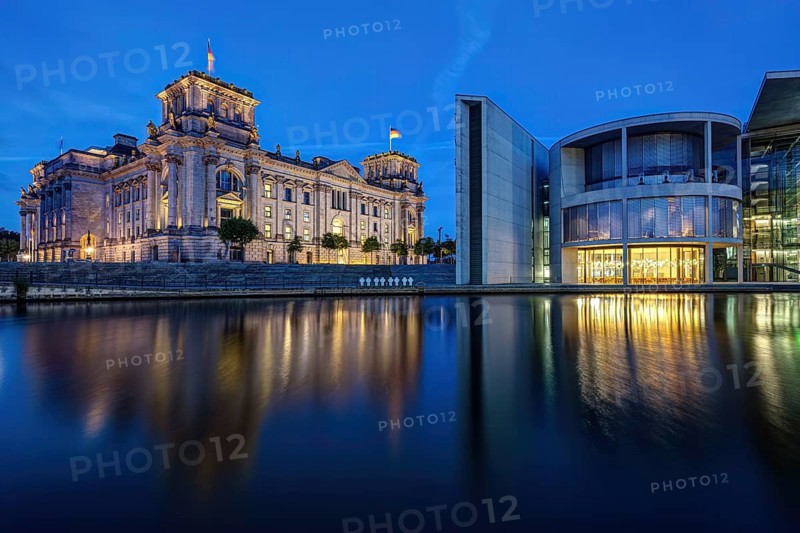 The Reichstag and the Paul Löbe House on the Spree in Berlin during the blue hour