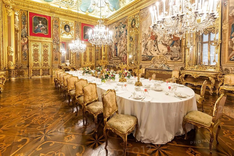 Turin, Italy, April, 2023: Royal Palace Dining Room. Luxury elegant ancient interior, circa 1860