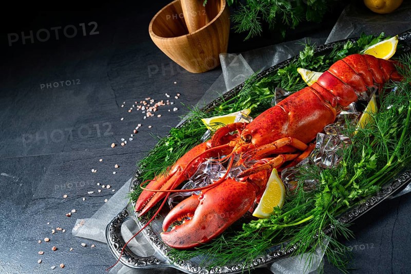 The cooked lobster on ice
