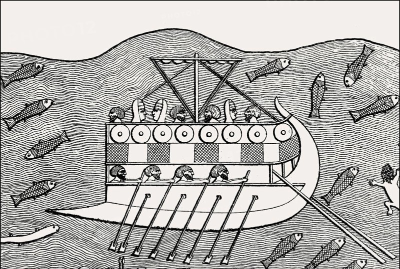 Phoenician ship with two rows of oars, 8th century