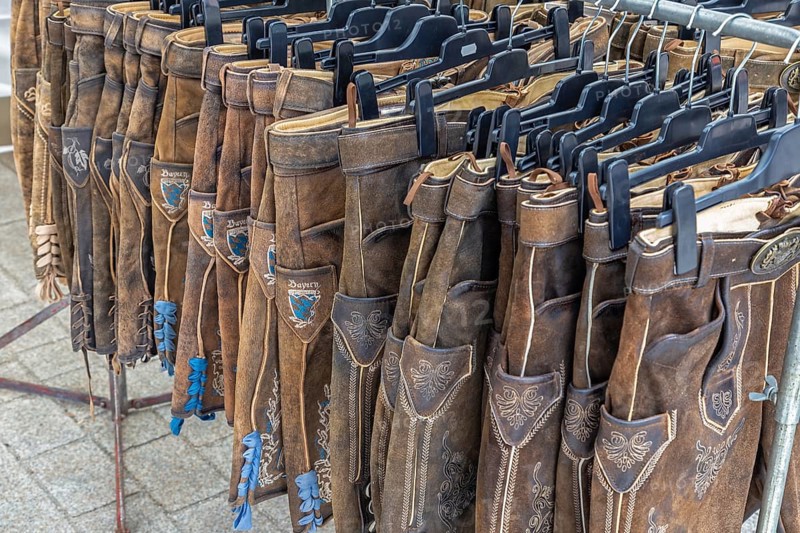 Bavarian lederhosen for sale at a market stall