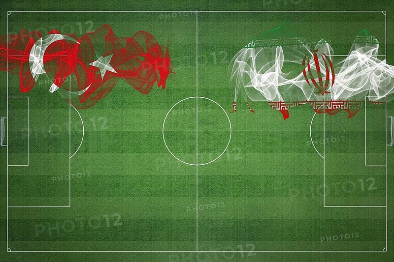 Turkey vs Iran Soccer Match, national colors, national flags, soccer field, football game, Competition concept, Copy space