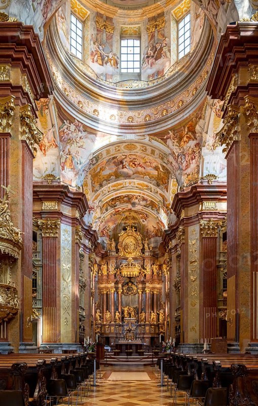 Melk, Auistria, 22 September, 2022: vertical view of the ostentatious and ornate Melk Abbey church