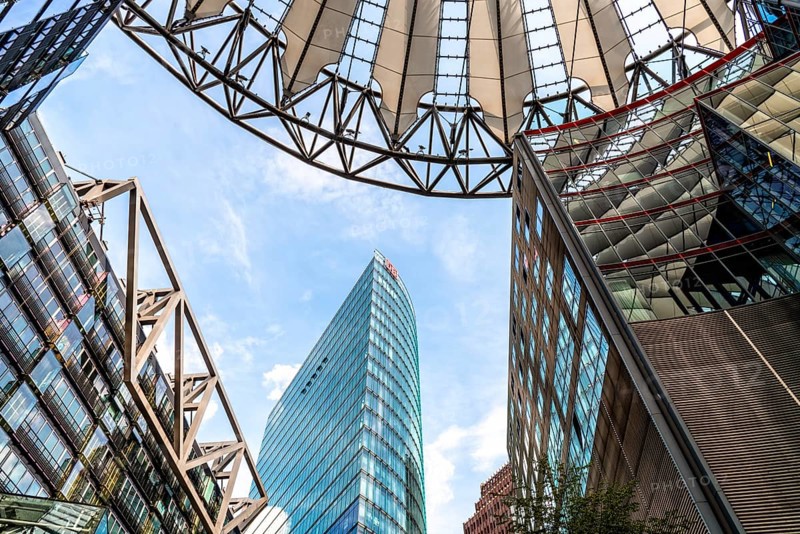 Berlin, Germany, July 28, 2019: Low angle view of the Sony Center. It is a Sony-sponsored building complex located at the Potsdamer Platz in Berlin