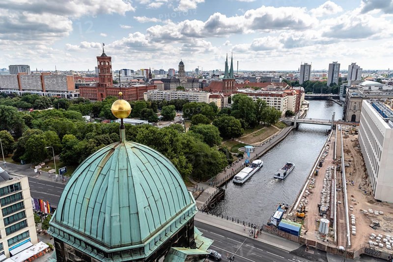 Berlin, Germany, July 27, 2019: High angle view of Berlin from rooftop of Berliner Dom, Cathedral. Sunny day