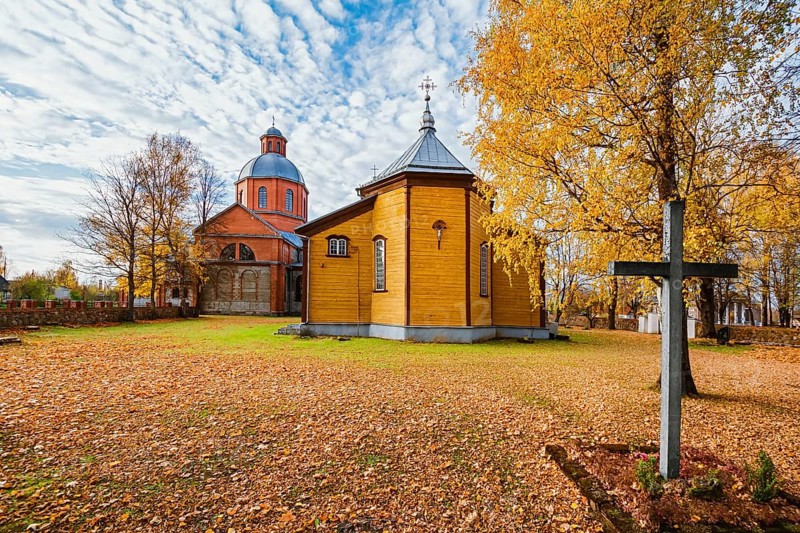 Old and new buildings of the Malnava Rosary Mother of God Catholic Church Ludza, Latvia