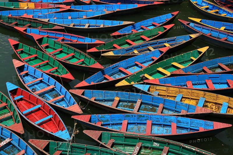 Multi colored rowing boats on Fewa lake, Pokhara