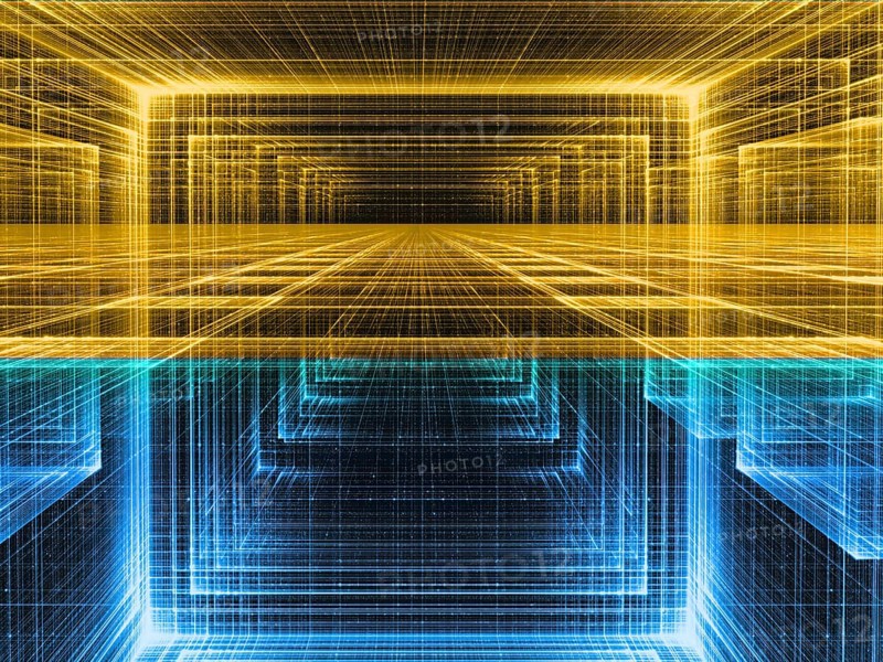 Blue and gold background - abstract computer-generated 3d illustration. Contemporary digital art: tunnel or hall with perspective and glowing lines. For sci-fi or technology design projects
