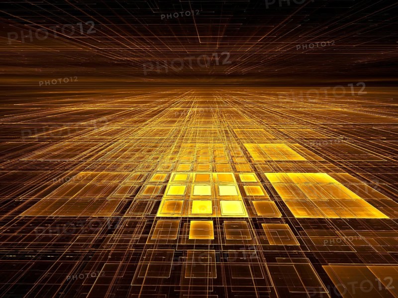 Golden tiles - abstract computer-generated 3d illustration. Fractal art - plane with glowing grid. Perspective composition. For banners, flyers, covers